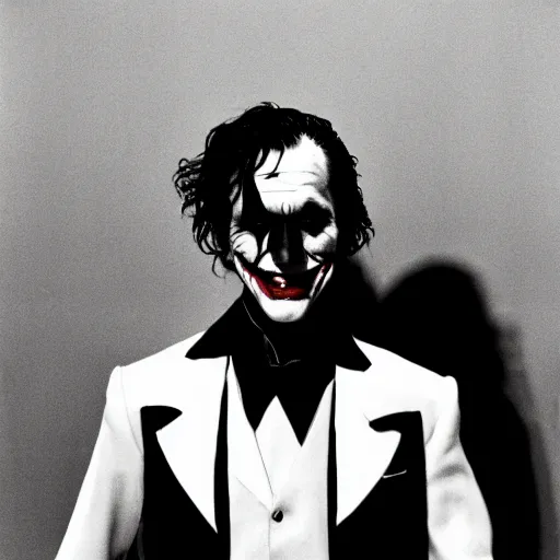 Prompt: photo portrait of The joker, black and white, Kodak Ultra F9, 35mm