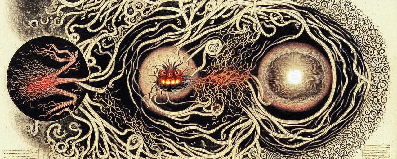 Image similar to a strange fire creature with endearing eyes radiates a unique canto'as above so below'while being ignited by the spirit of haeckel and robert fludd, breakthrough is iminent, glory be to the magic within, in honor of saturn, painted by ronny khalil