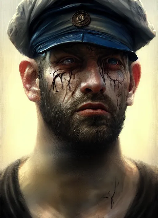 Image similar to portrait of a rugged man wearing a sailors cap, scarred face, victorian, concept art, detailed face, fantasy, close up face, highly detailed, cinematic lighting, digital art painting by greg rutkowski