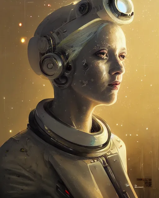 Image similar to detailed portrait white haired girl, solarpunk futuristic utopia, scifi astronaut suit, android parts, decorated with golden ornaments by Ismail inceoglu dragan bibin hans thoma greg rutkowski Alexandros Pyromallis Nekro Rene Maritte Illustrated, Perfect face, fine details, realistic shaded, fine-face, pretty face