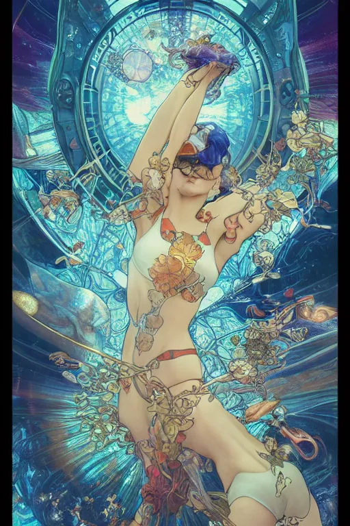 Image similar to swimming through time, by artgerm and yoshitaka amano and moebius and alphonse mucha, hyperdetailed, dc comics, ornate, nebula, explosions in the sky, trending on artstation