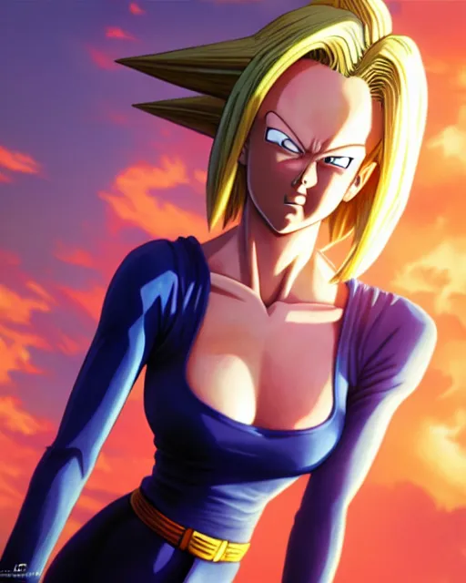 Image similar to photo of android 1 8 from dragon ball z, android 1 8 by a - 1 pictures, by greg rutkowski, gil elvgren, glossy skin, pearlescent, anime, maxim magazine,