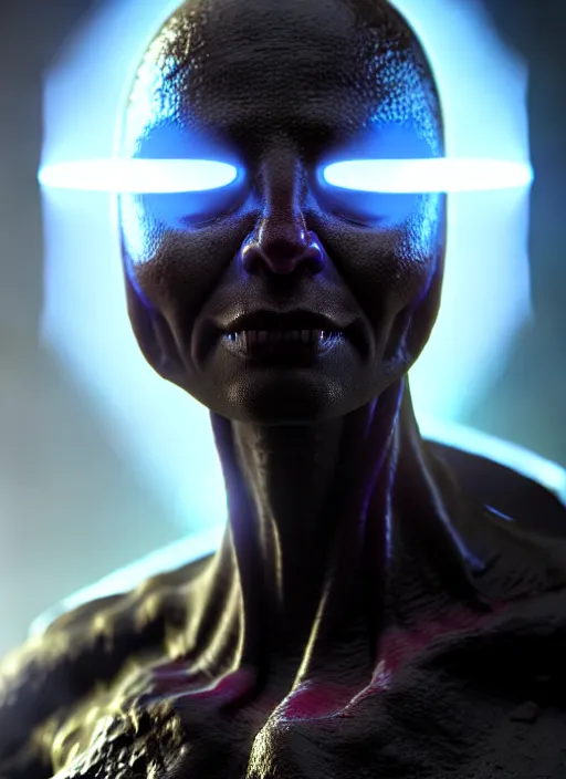 Prompt: portrait of a space alien, varying detailed skin, octane render, eyes glowing with two rings of high contrast colors intermittent with black strips who's frequency changes closer to the cornea, realistic render, detailed, ugly, slimy unreal engine, symmetrical!!, greg rutkowski and ruan jia, cinematic