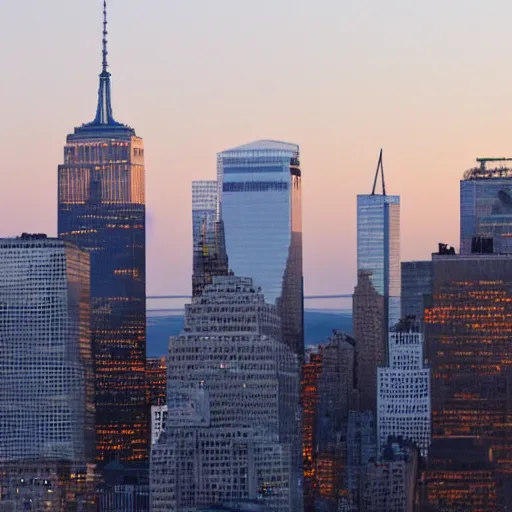 Prompt: NYC skyline with the Freedom Tower and both World Trade Center buildings visible