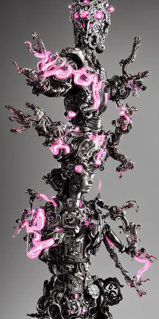 Prompt: full-body baroque and cyberpunk style porcelain sculpture of a young seductive Hispanic prince half android with a chest exposing a glowing gemstone battery, glowing pink seductive laser eyes, crown of blue gears and diamonds, swirling salmon-colored silk fabric, robotic raptors dinosaurs. baroque elements. full-length view. intricate artwork by caravaggio. art by Artgerm and Greg Rutkowski and Alphonse Mucha, Trending on artstation, cinematic industrial lighting, hyper realism, octane render, 8k, depth of field, 3D