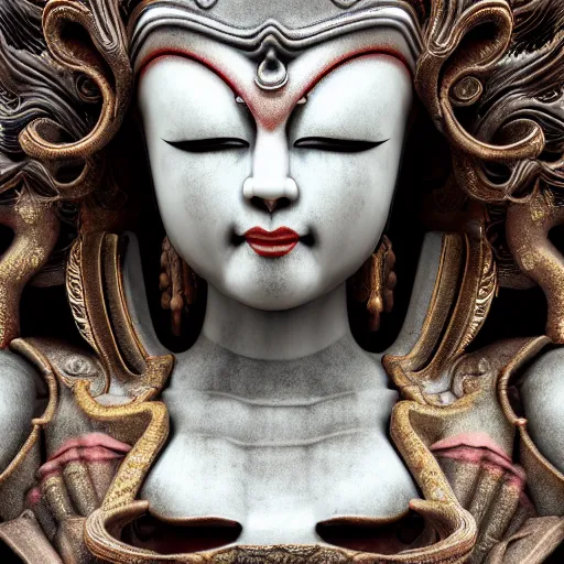 Image similar to naraka buddhist demon korean female, highly detailed, symmetrical long head, smooth marble surfaces, detailed ink illustration, raiden metal gear, cinematic smooth stone, deep aesthetic, concept art, post process, 4 k, carved marble texture and silk cloth, latex skin, highly ornate intricate details, in the style of 8 8 grzes