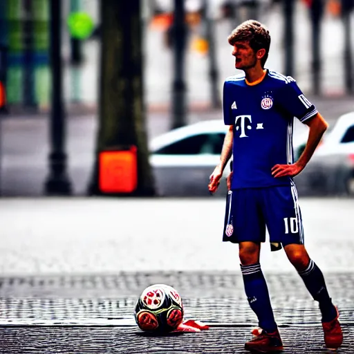 Prompt: 4k photography. thomas muller is a bum in the streets of berlin, kicking a can.