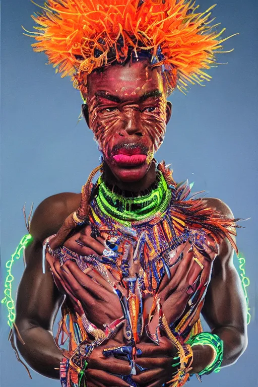 Prompt: detailed full body concept illustration of an African male with body augmentations, strong neon lighting, Afrofuturism, extravagant feathered collar, by glenn fabry, hyper realistic, HD, oil on canvas