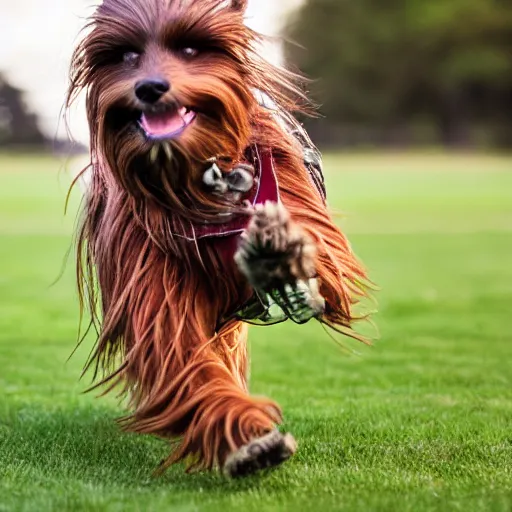 Image similar to chewbacca as a dog chasing a frisbee in the park, action photography, depth of field