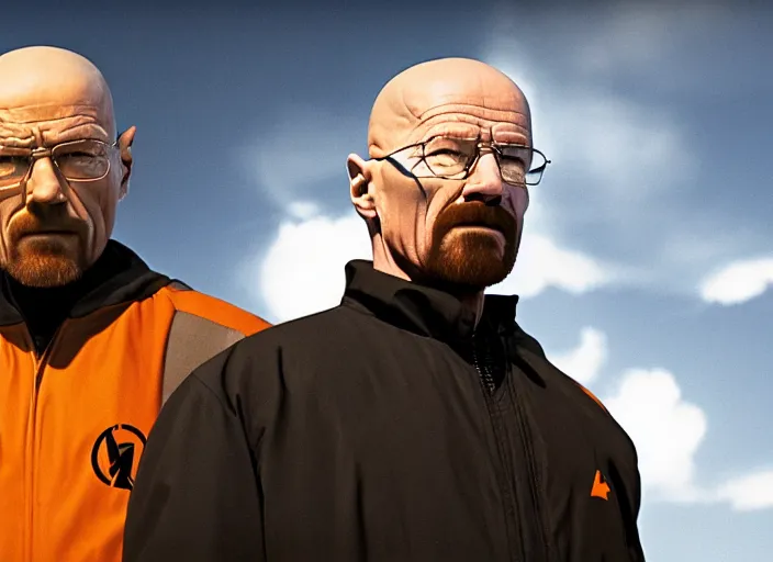 Image similar to film still of Walter White as Gordan Freeman wearing a black HEV suit with an orange lambda logo in front with a glowing blue portal in the background in the Half Life Movie, 4k