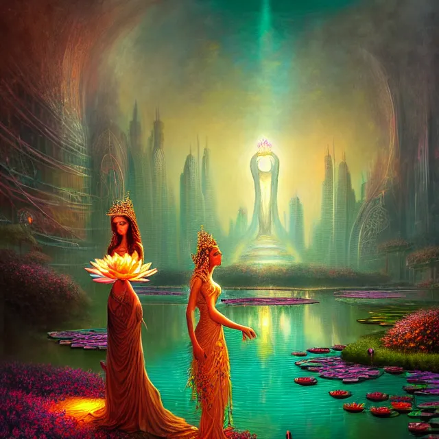 Image similar to Beautiful 3d render of the flower queen goddess near a pond full of lotus, atmospheric lighting, painted, intricate, volumetric lighting, beautiful, rich deep colours masterpiece, sharp focus, ultra detailed, in the art style of Dan Mumford and marc simonetti, with a clear crowded futuristic cyberpunk dubai city in the background, astrophotography