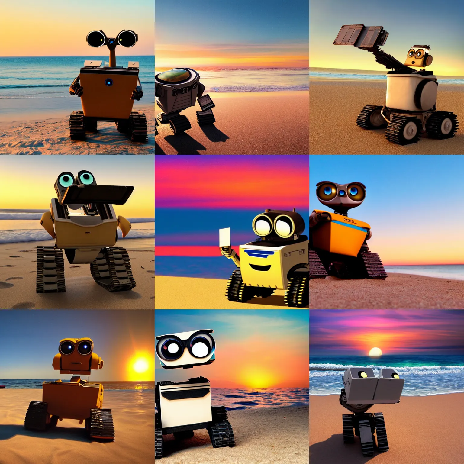 Prompt: wall-e at the beach at sunset