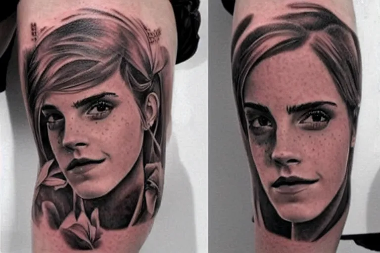 Image similar to emma watson, dope tattoo, hyperrealistic