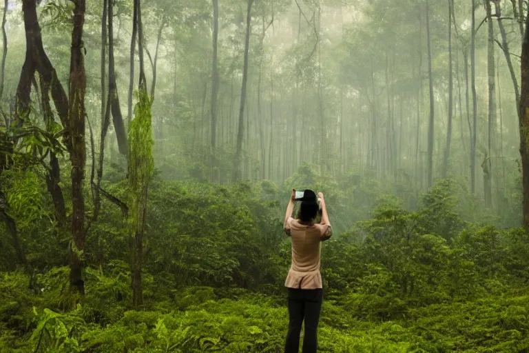 Image similar to a tourist taking a photo of a complex organic fractal 3 d ceramic sphere floating in a lush forest, foggy, cinematic shot, photo still from movie by denis villeneuve