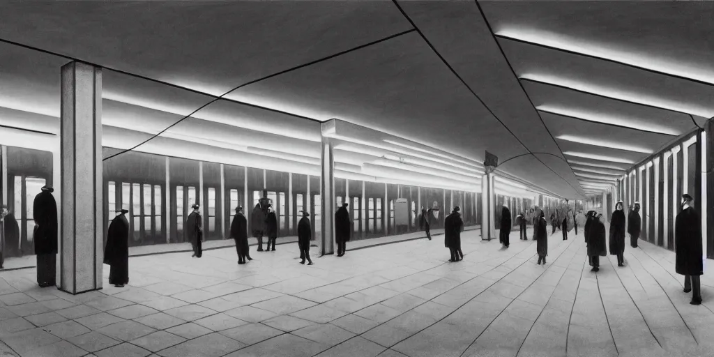 Image similar to Subway station, by Jeff A. Menges, By Mike Kemp and Vito Akensi Ludwig Mies van Der Rohe, Matte Painting, Art Station Trends H 576