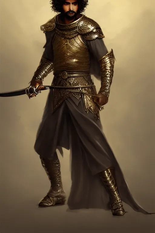 Prompt: Arab man , curly hair, swordsman, sword, modern, hero, charcoal and little gold leather, character concept art, costume design, trending on artstation, Artgerm , WLOP