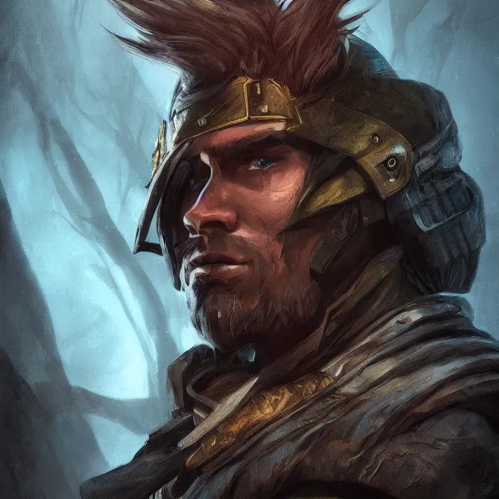 Image similar to a fantasy comic book style portrait painting of a male ranger in a atmospheric dark fortress, unreal 5, daz, hyperreal