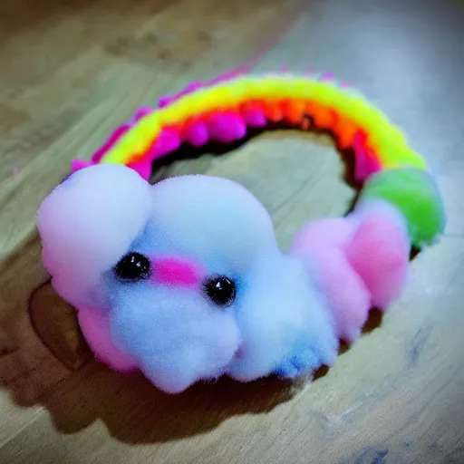 Image similar to photo of cotton candy that looks like a cute clown caterpillar