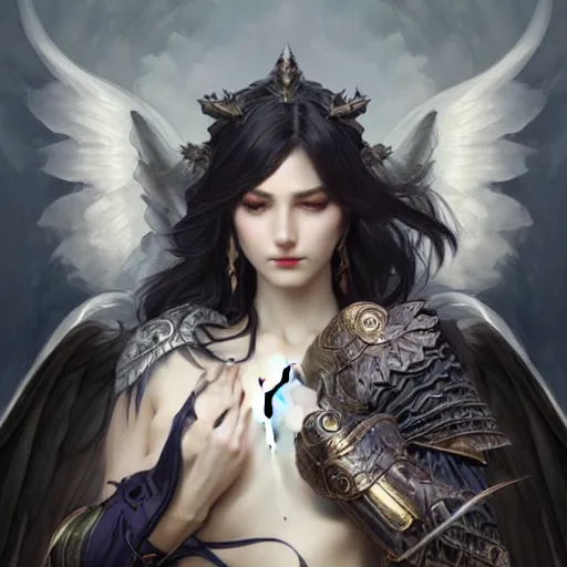 Prompt: powerful fantasy story girl with gray skin and dark gray hair and large black angel wings and armor, vivid colors, intricate, elegant, highly detailed, digital painting, artstation, concept art, smooth, sharp focus, illustration, art by artgerm and greg rutkowski and alphonse mucha and loish and wlop