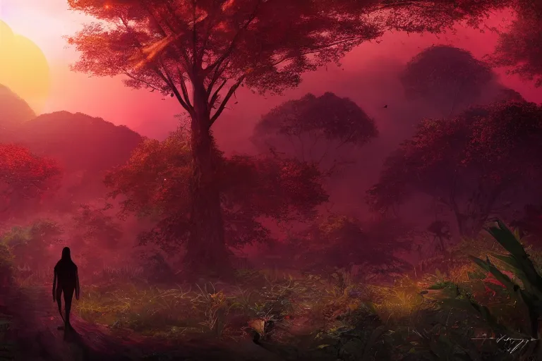 Image similar to gorgeous scarlet organic android robot walking throught the forest during a beautiful sunset, jungle mountains in the background with immense trees, highly detailed, trending on art station, flying birds in the distance