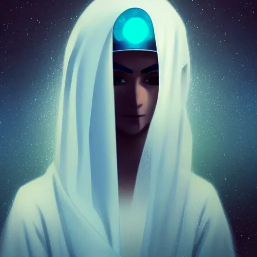 Image similar to arab Ameera al-Taweel, maiden, bright blue eyes, black hair, simple white veil, by beeple, studio ghibli, wallpaper, highly detailed, trending on artstation