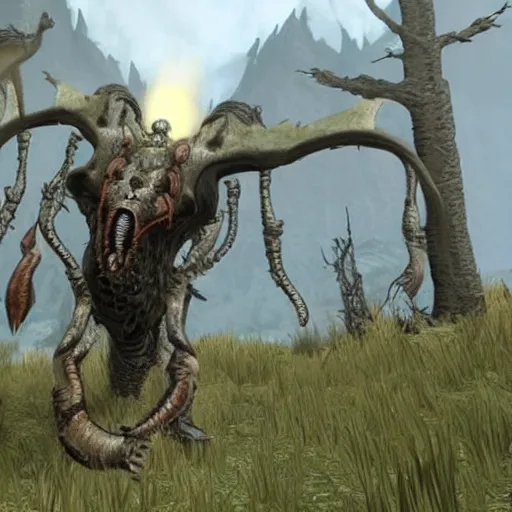 Image similar to a Skyrim mod that adds lovecraftian monsters to the game