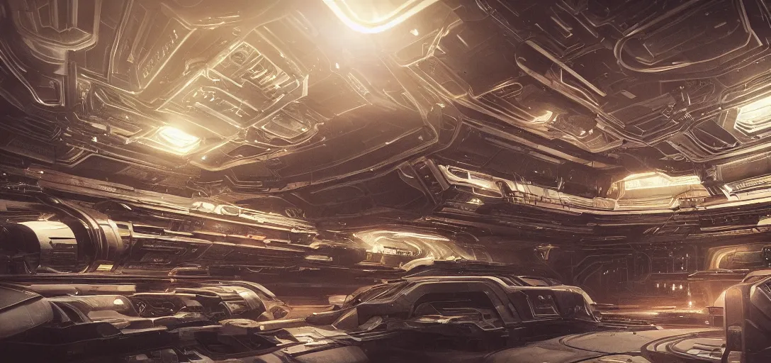 Image similar to realistic cinematic sci - fi mothership interior or exteror - machinery, tubes wires path intricate matte painting masterpiece warm tones quiet