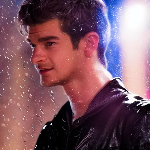 Image similar to photograph of andrew garfield spider - man, cinematic, photorealistic, city, night, rain