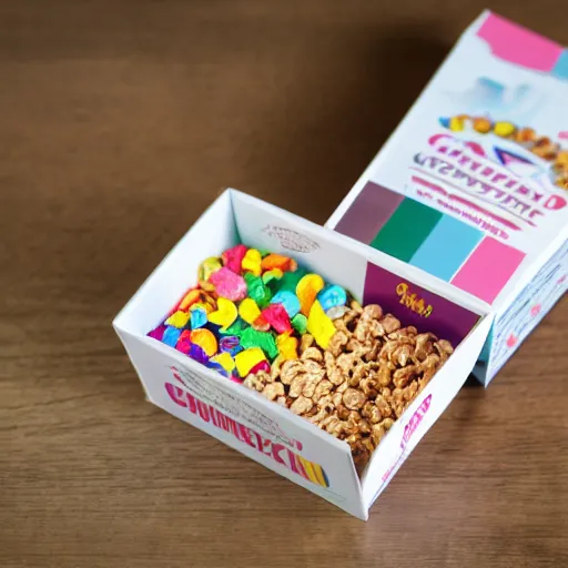 Prompt: cereal box ; product photo of a cereal box ; professional advertisement photography of a box of lucky charms cereal ; close - up of the box carton