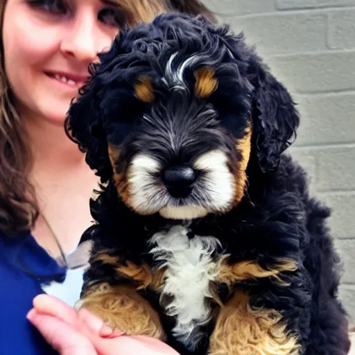 Prompt: Bernedoodle puppy with huge eyes