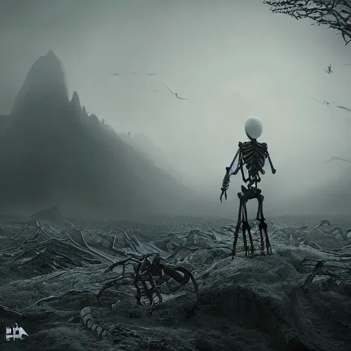 Image similar to a giant skeleton walks the earth, dark landscape, fog, matte painting, trending on artstation