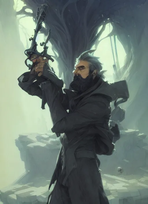 Image similar to low angle picture of a weapon master, holding a ego weapons to the camera, long black jacket, neat white beard and hair, bored, tired, smoking, ego weapons all over the place, squat down pose, highly detailed face, intricate, masterpiece, epic fantasy illustrations by peter mohrbacher and anato finnstark and jeremy lipking