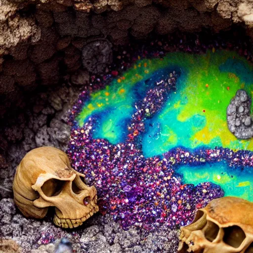 Image similar to dinosaur skeleton inside a geode of multi-colored crystals