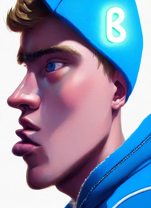 Image similar to portrait of high school senior boy named big moose, blonde short hair, jock, beefy, wide face, square jaw, square facial structure, blue varsity jacket with letter r, intricate, elegant, glowing lights, highly detailed, digital painting, artstation, concept art, sharp focus, illustration, art by wlop, mars ravelo and greg rutkowski