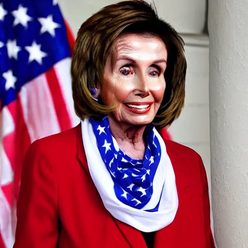 Prompt: Oiled up Nancy Pelosi wrapped in the American flag