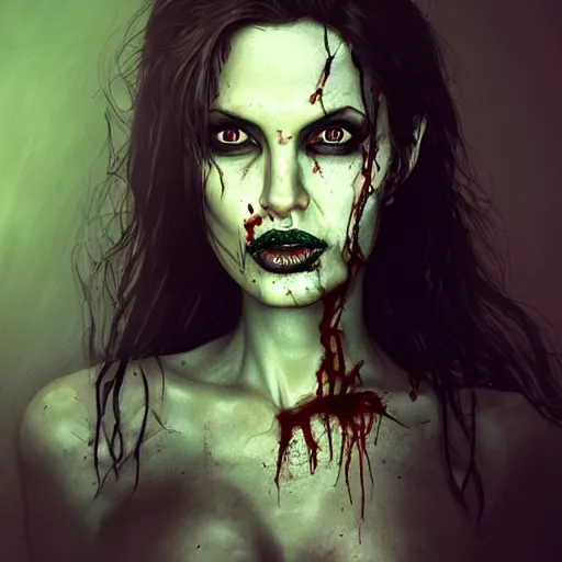 Image similar to a zombie Angelina Jolie, by WLOP, horror, wounds, bloody, dark fantasy, trending on artstation