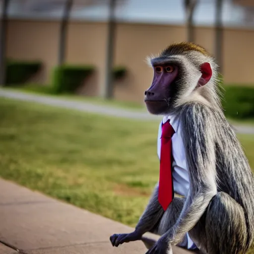 Prompt: baboon wearing a suit and tie, ready for a meeting