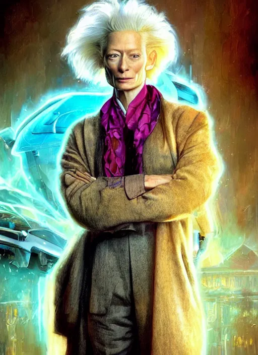Prompt: formal portrait of beautiful tilda swinton as doc brown from back to the future. digital art by eugene de blaas, ross tran, and nasreddine dinet, vibrant color scheme, intricately detailed, in the style of romanticism, cinematic, lighting background, artstation, greg rutkowski