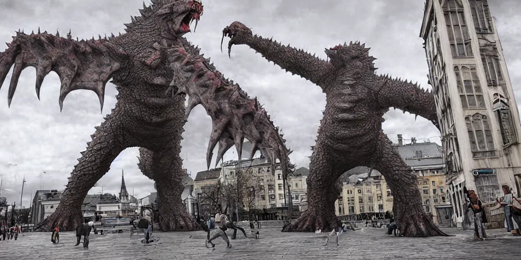 Image similar to kaiju attack in budapest photography realistic, detailed, cinematic