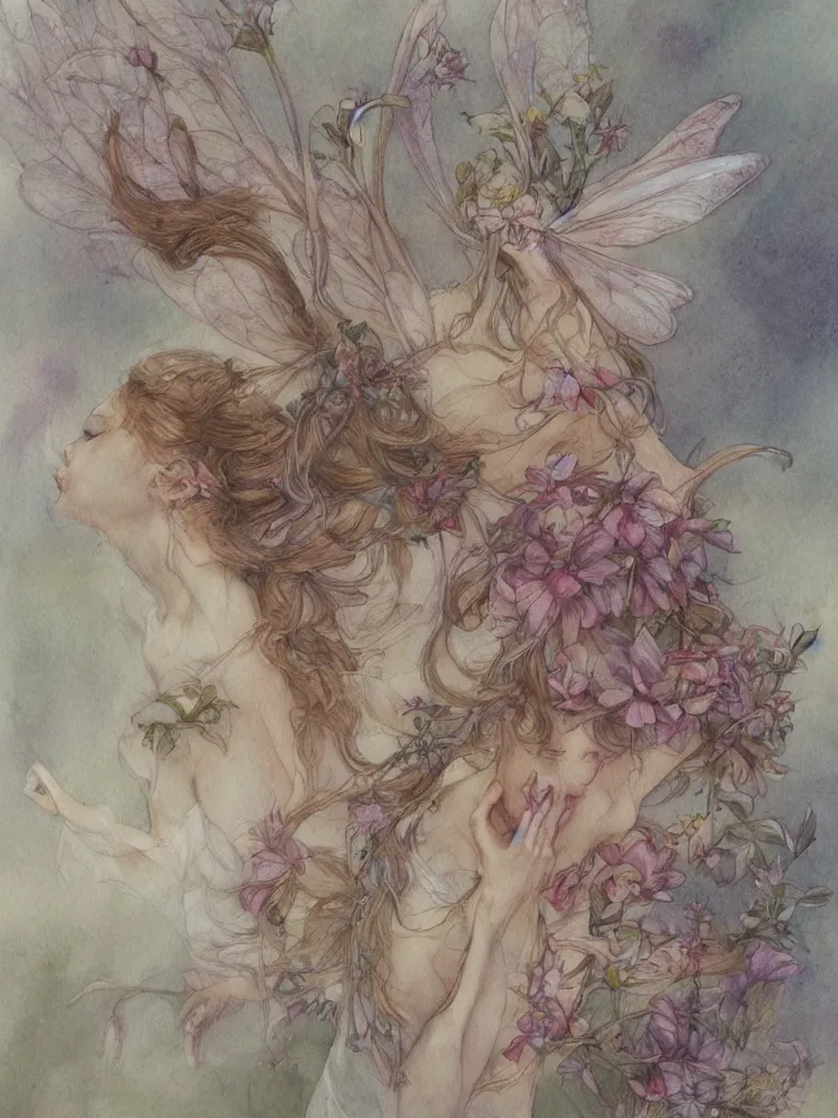 Image similar to study of a flower fairy, illustration, watercolor, alan lee, detailed, pretty, ethereal, realistic, artstation,