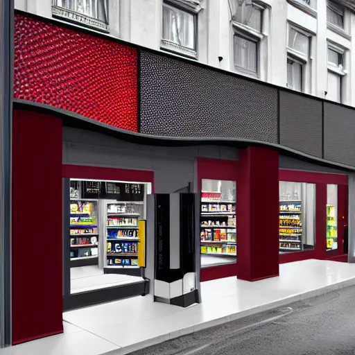 Prompt: Award winning shopfront design, convenience store, dark grey, anthracite with burgundy accents, perforated metal, paint, laser cut textures, highly detailed, bright signage, vinyl on glazing, zaha hadid