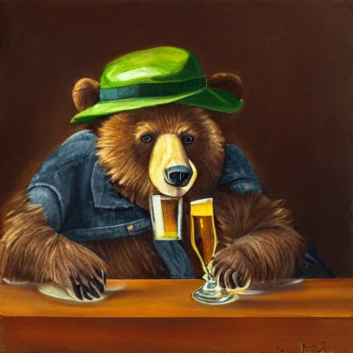 Prompt: a bear drinking a beer with a hat on and Overalls oil painting