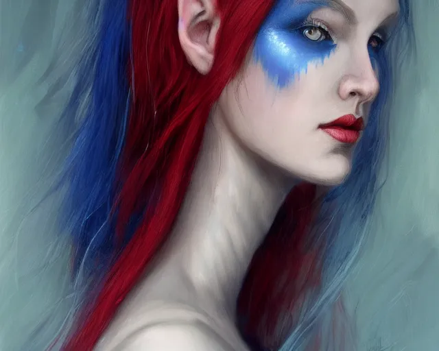 Image similar to A detailed matte oil on canvas head on symmetrical portrait of a distinguished elven woman with red and blue hair on an empty background, by Charlie bowater, Lise Deharme, Wlop, trending on artstationhd, dungeons and dragons art, parted hair , half blue, half red , split dye, critical role