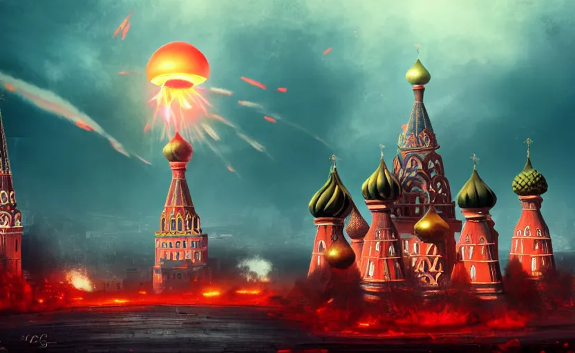 Image similar to nuclear explosion with realistic nuclear mushroom in Red Square Kremlin, beautiful dynamic lighting, cinematic shot, extremely high detail, photo realistic, cinematic lighting, post processed, artstation, matte painting, digital painting