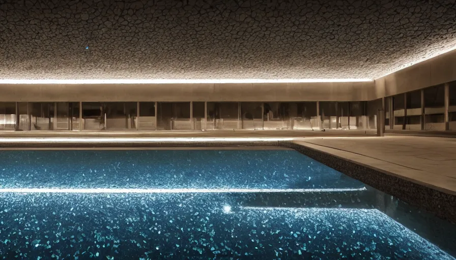 Prompt: symmetrical establishing shot of The unsettling courtyard of a monochrome modernist hotel designed by Luis Barragán, An empty swimming pool in the foreground. Ceiling is made of thousands of brilliant crystals scattered Single point perspective photographed by Wes Anderson and Andreas Gursky. Cinematic, dramatic lighting, moody, eerie, illustration, uncanny, creepy Sigma 75mm, very detailed, golden hour, Symmetrical, centered, intricate, Dynamic Range, HDR,