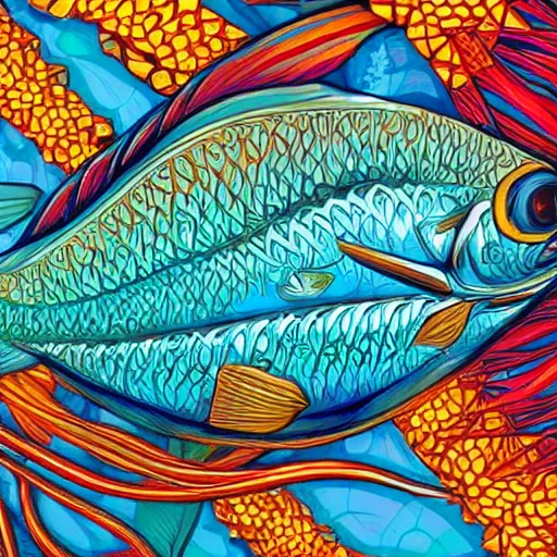 Image similar to fish on mayheim crosses. symmetrical anatomy, very intricate details, digital art, detailed image, pop punk art style, colorful, accompanied by body, pure image without duplication, dribble popular, artstation trending, drawn by ilya kuvshinov and lugas syllabus and vinicius gud and gustavo zambelli, intricate, ultra high definition.