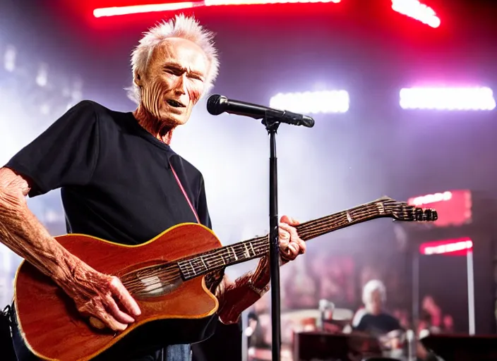 Image similar to photo still of clint eastwood on stage at vans warped tour!!!!!!!! at age 6 8 years old 6 8 years of age!!!!!!!! playing a piano on fire, 8 k, 8 5 mm f 1. 8, studio lighting, rim light, right side key light