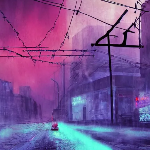 Prompt: rainy city in ruins neon pink and blue silent hill pyramid head covered in runes neon red fog and barbed wire, broken telephone poles hanging power lines highly detailed high res james sunderland and maria in the nightclub smoking