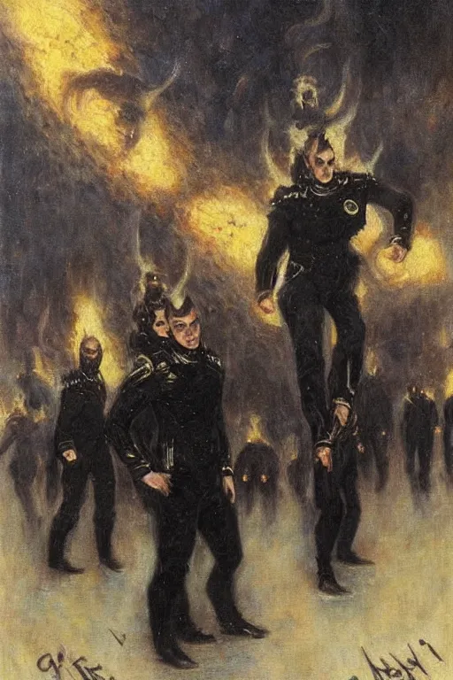 Image similar to evil star fleet officers dressed in all black. art by gaston bussiere.