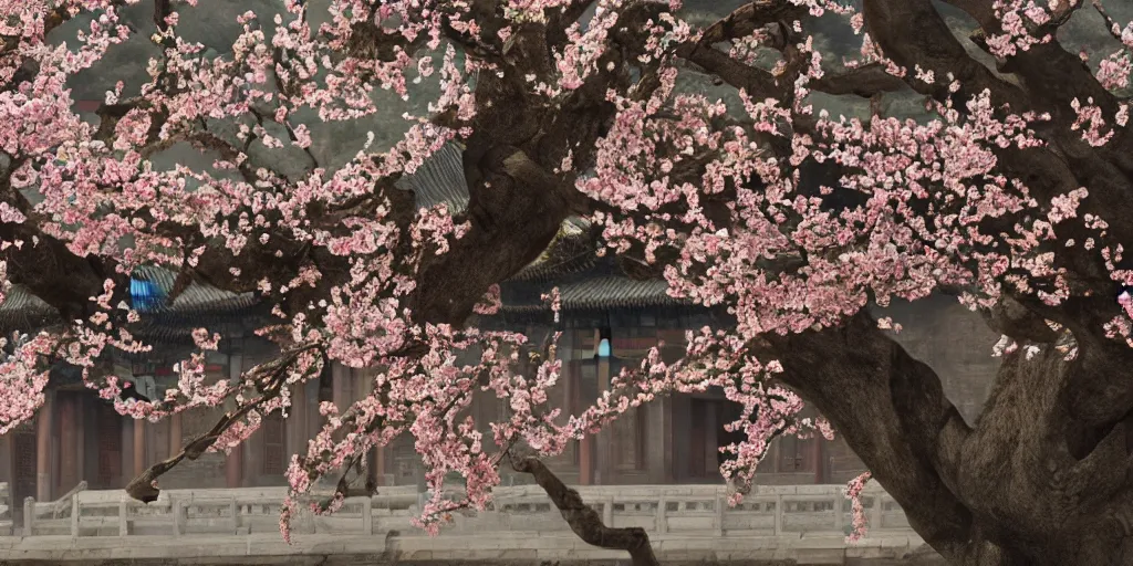 Prompt: spring in the forbidden city, peach blossom, prometheus film style, realistic, cinematic, trending on artstation, 8 k,